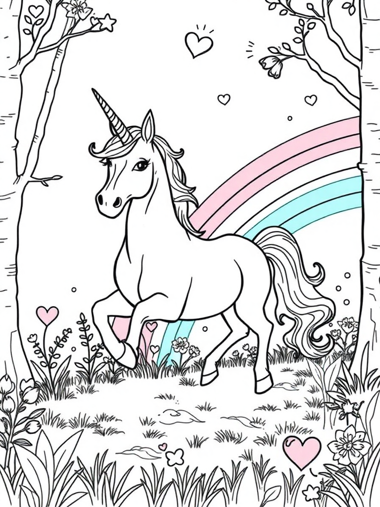 unicorn walking in the woods with the rainbow 