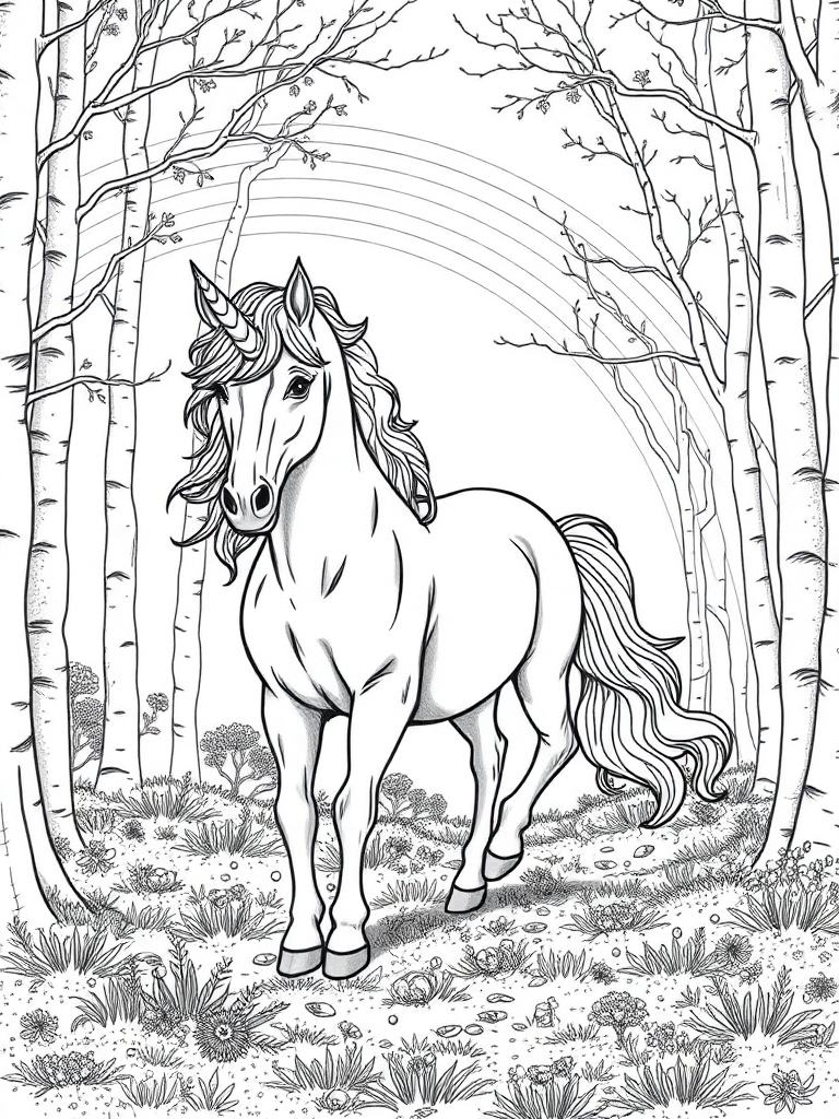 unicorn walking in the woods with the rainbow 