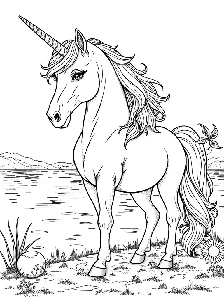 fantasy unicorn standing by the lake