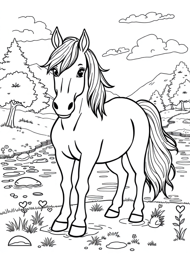Pony stand by a river
