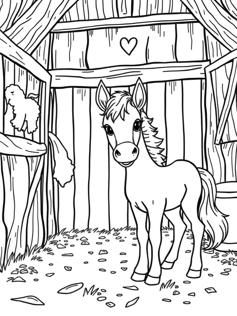 Foal and kitty Friendship in a Barn