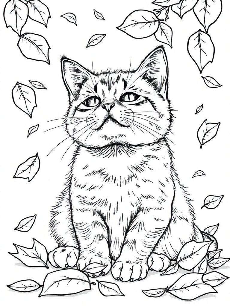 Detailed Cat Playing with Falling Leaves