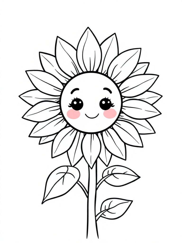 A whimsical, cute cartoon-style sunflower with a happy face