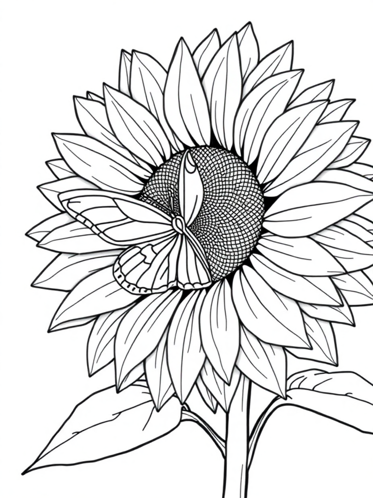 A large sunflower with a butterfly perched on one of its petals
