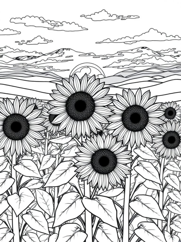 A field of sunflowers at sunrise with clouds and rolling hills in the distance