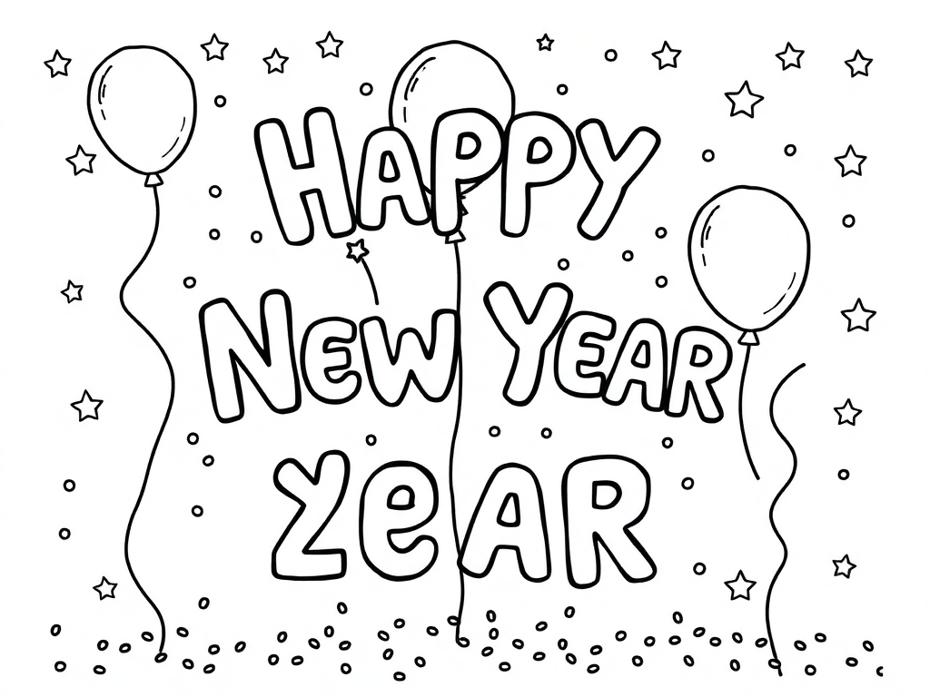 Happy New Year With Balloons, Stars, And Confetti