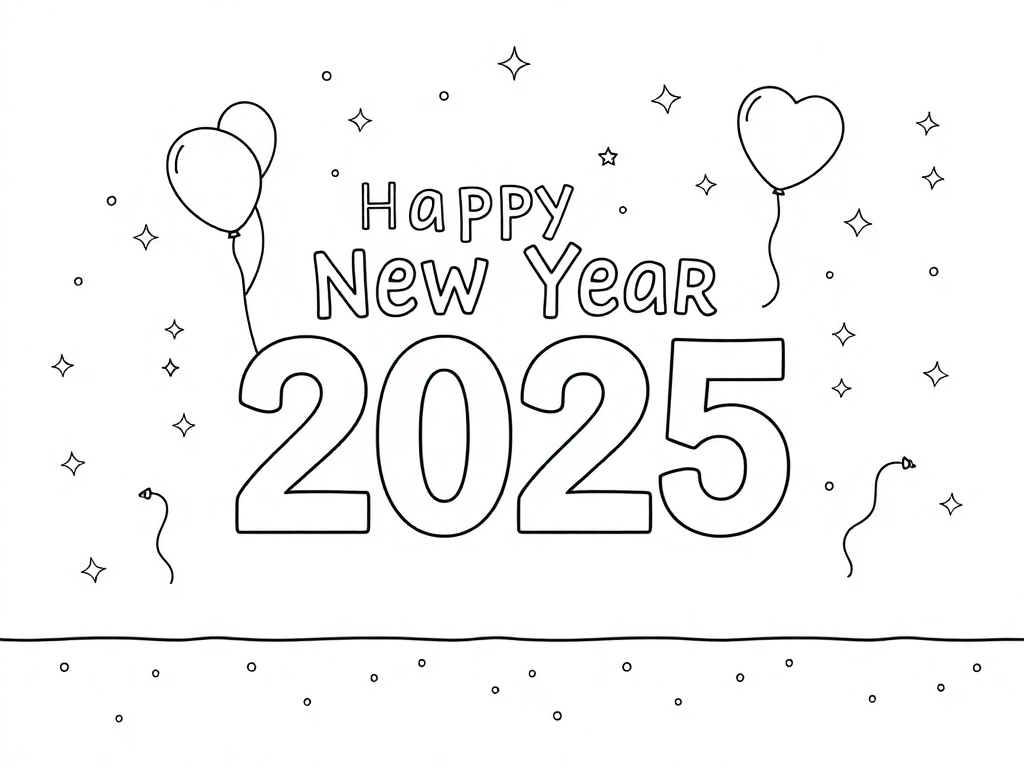 Happy New Year 2025 With Balloons, Stars, And Confetti