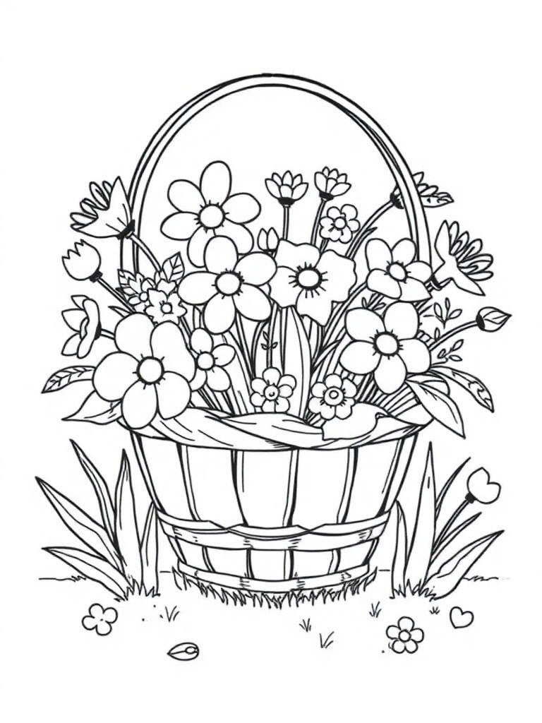 Basket Of Flowers In Spring Garden