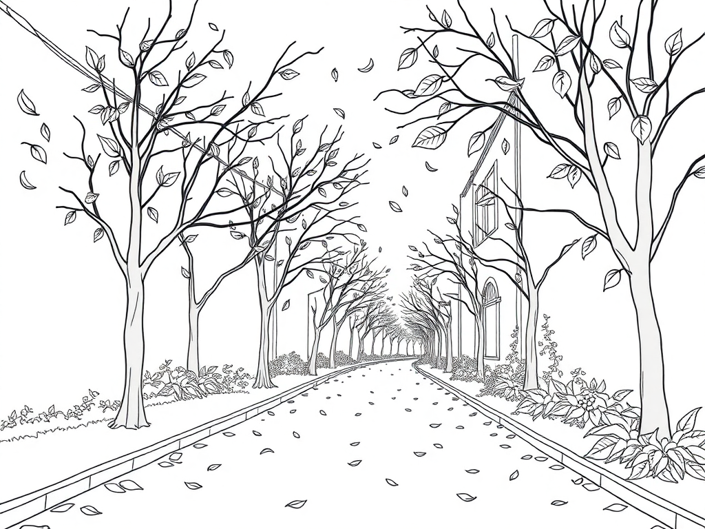 Street with leaves falling