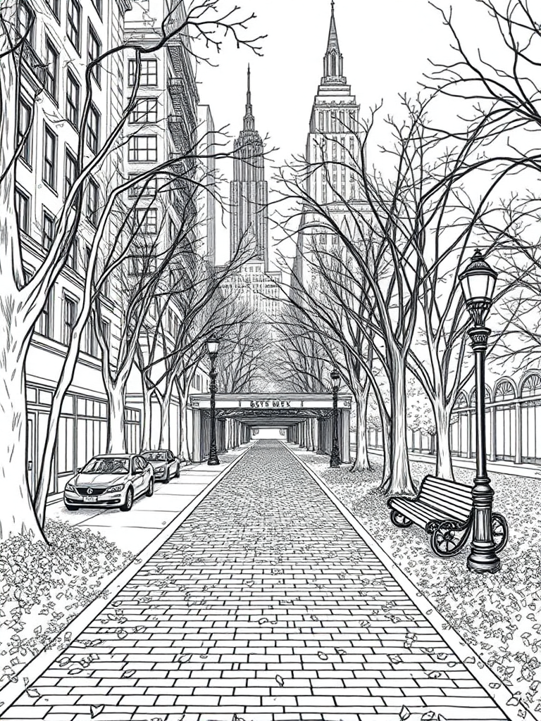 Board Street in New York Central Park with fall leaves