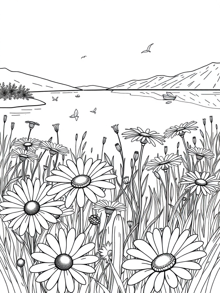 Beautiful daisy field near by Lake