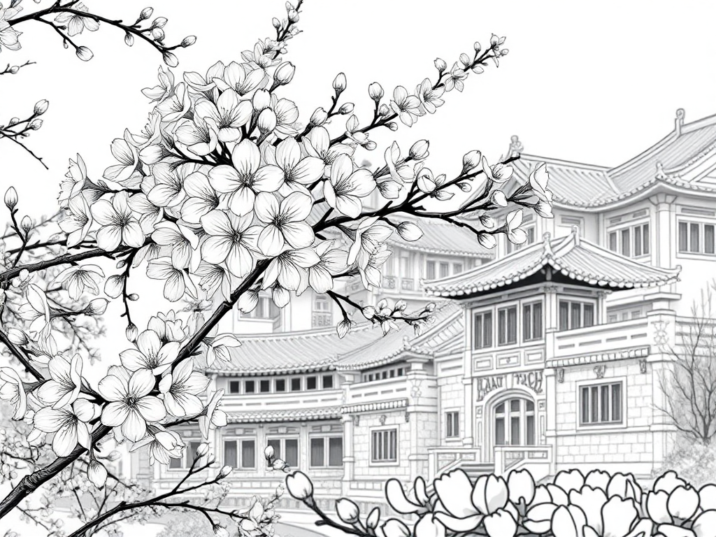 Cherry blossoms with Chinese Buildings background closeup scene in Spring