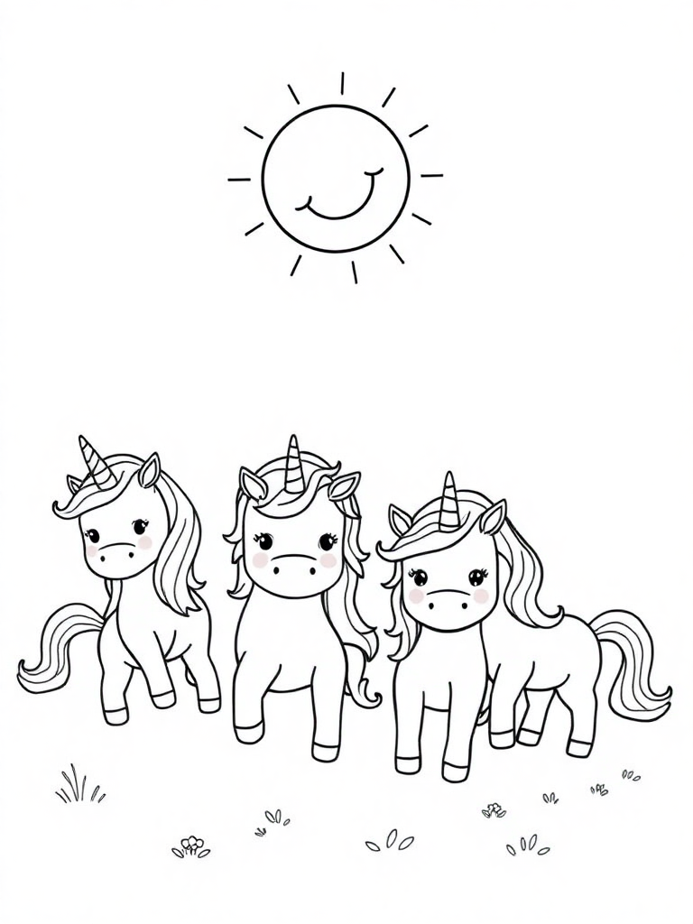 A group of cute unicorn friends with simple rainbow manes playing under a smiling sun