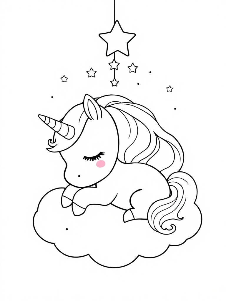 An adorable baby unicorn sleeping on a cloud with a star mobile hanging above