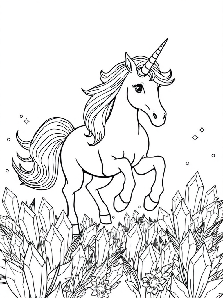 A magical unicorn prancing through a field of glowing crystals, with a flowing mane detailed enough for coloring