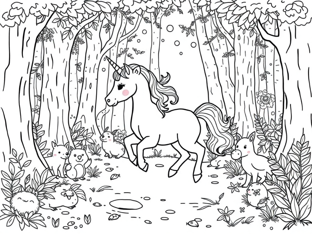 A baby unicorn taking its first steps in an enchanted forest, surrounded by friendly woodland creatures