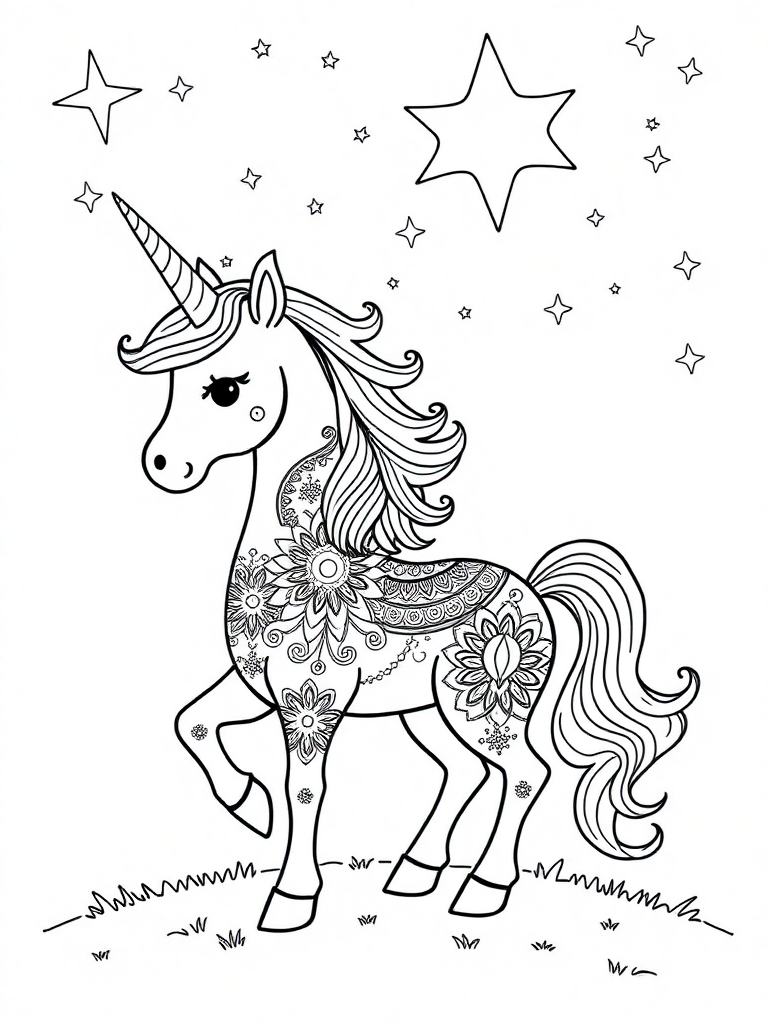 A fantasy unicorn with elaborate decorative patterns on its body, standing beneath a starry night sky