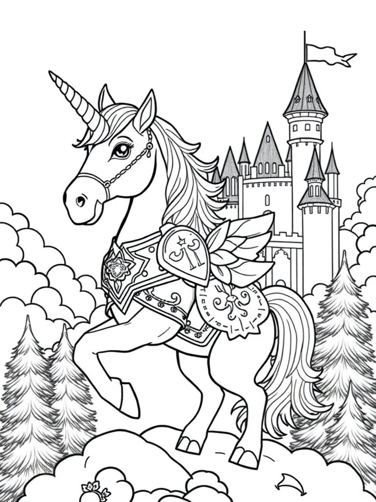 A magical unicorn guardian protecting a castle in the clouds, with detailed armor and magical symbols