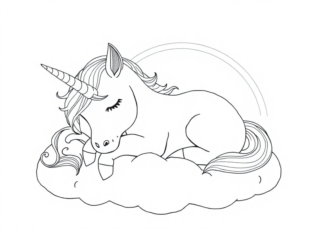 A baby unicorn sleeping on a cloud, with a small rainbow forming above its horn
