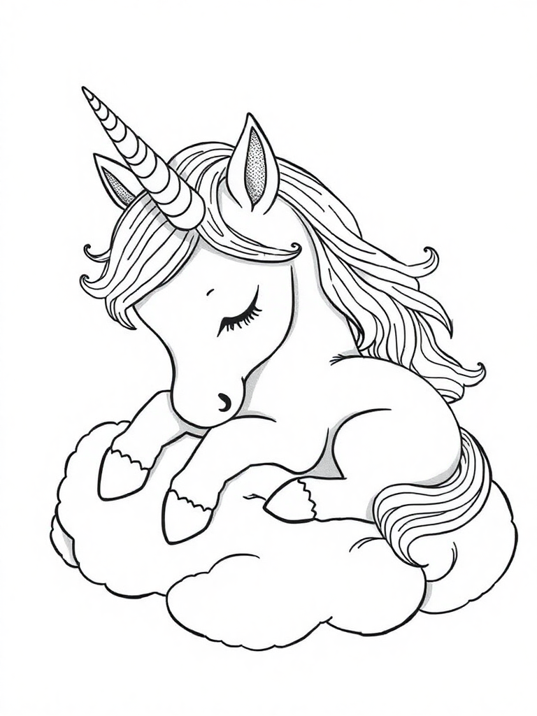 A baby unicorn sleeping on a cloud, with a small rainbow forming above its horn