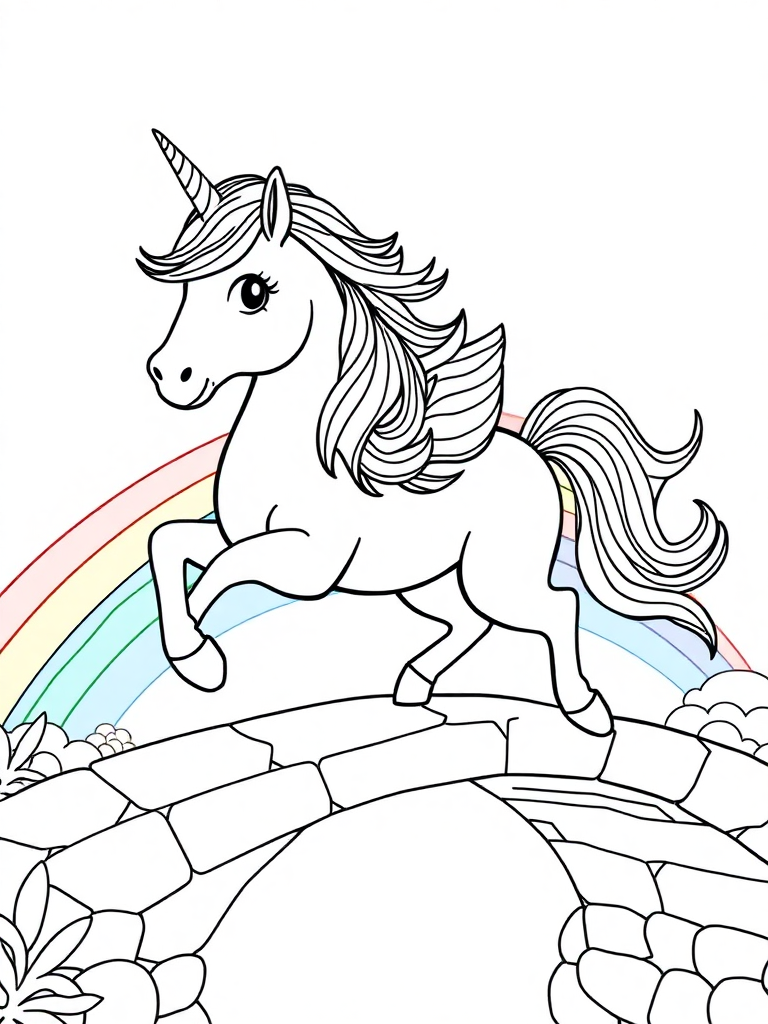 A rainbow unicorn galloping across a bridge made of colorful light, with detailed rainbow mane and tail