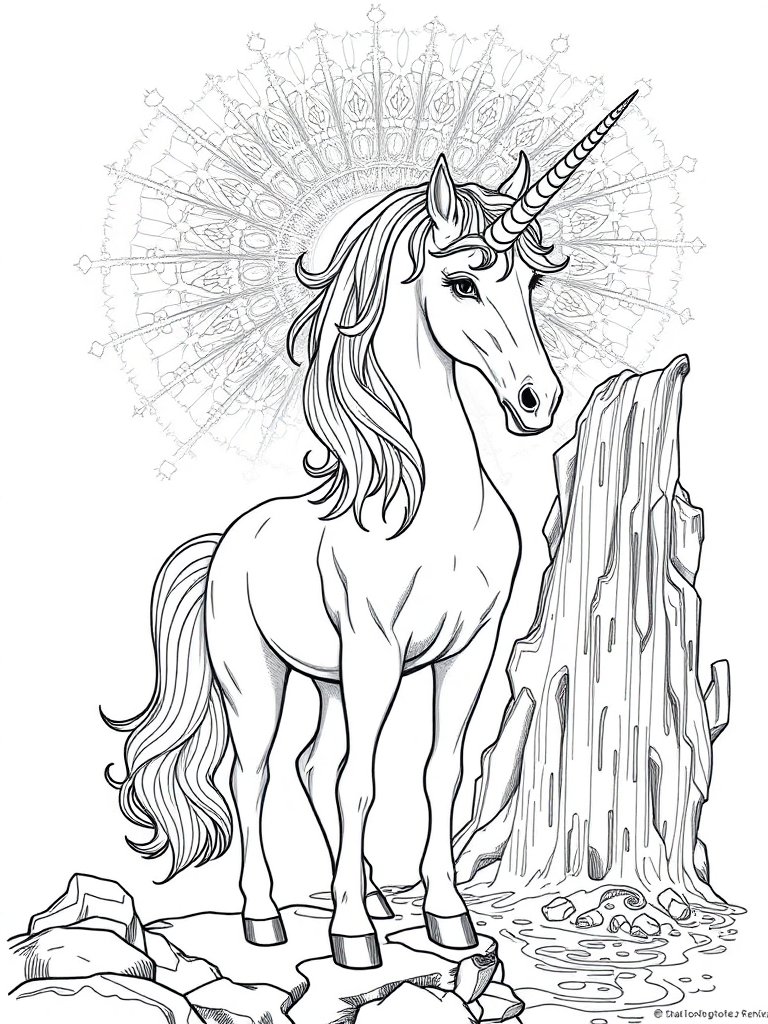 A magical unicorn creating patterns of light with its horn, standing beside a mystical waterfall