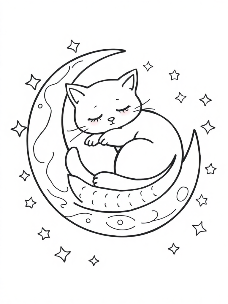 A sleeping cat curled up on a crescent moon, sweet kawaii design with stars around