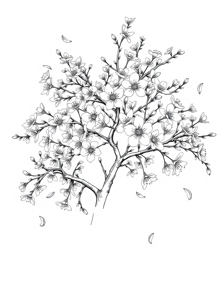 Cherry blossom trees in full bloom with petals falling in Spring, simple line art style