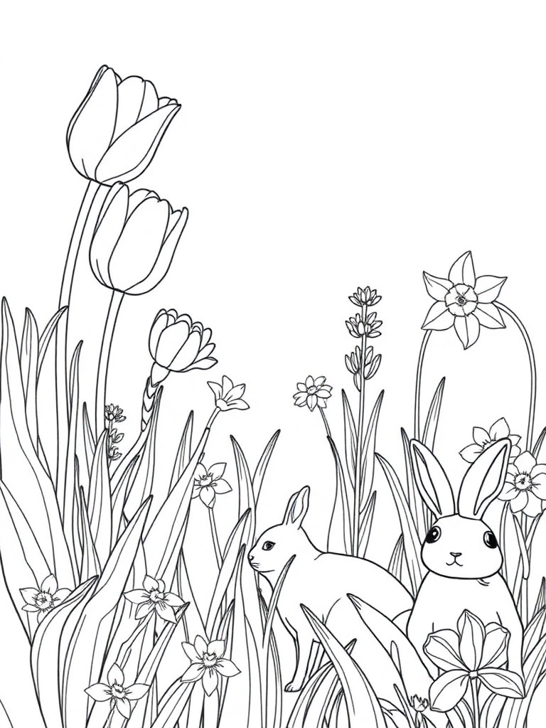 A garden scene with tulips, daffodils and rabbits, cheerful spring theme with clean outlines