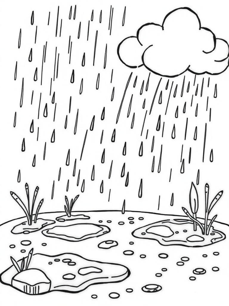 A rainy spring day with puddles, raindrops, and a rainbow, whimsical style