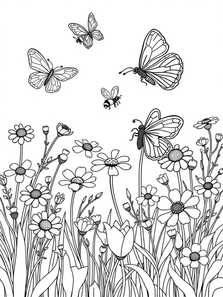 Butterflies and bees pollinating spring flowers in a meadow, detailed but colorable