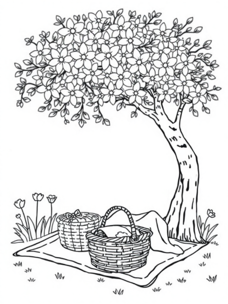 A spring picnic scene under a flowering tree with a basket and blanket, simple lines