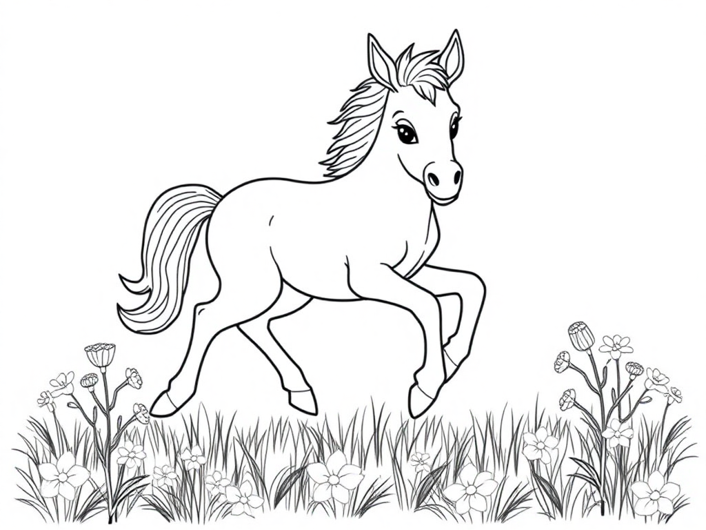 A playful foal prancing in a meadow with flowers