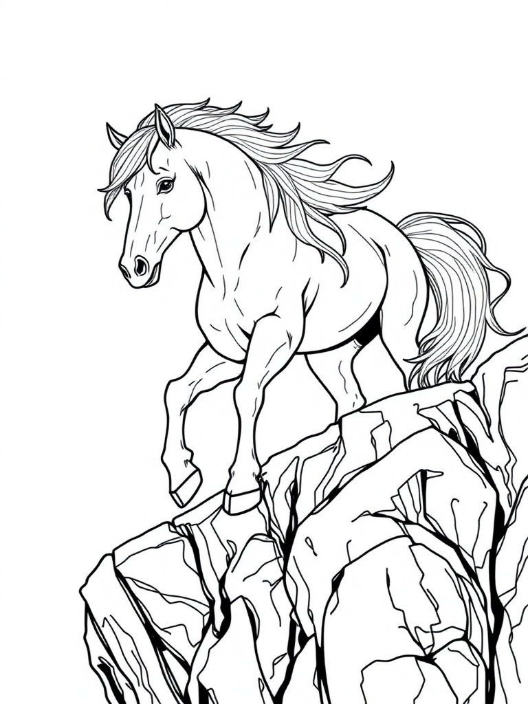 A wild mustang with flowing mane on a rocky cliff
